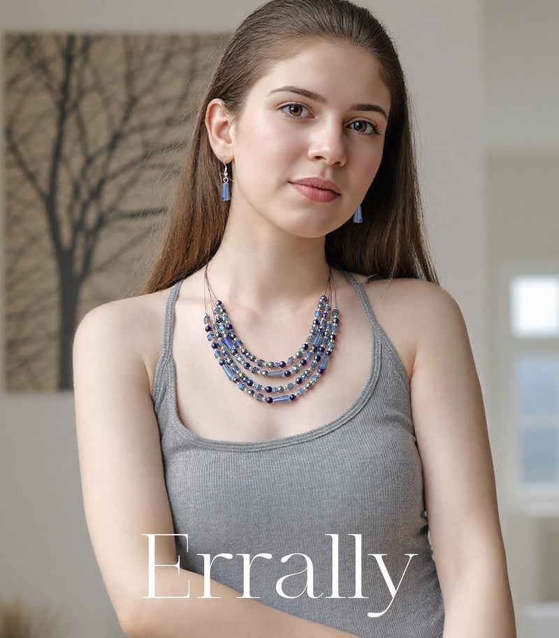 Errally Store Layered Beaded Statement Necklace Multi Strand Crystal Beads Collar Necklace and Earring Sets for Women Fashion Costume Jewelry Set Gifts for Her - Image 3